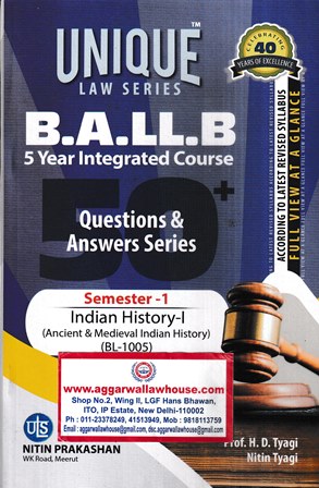 Nitin Prakashan Unique Law Series BA.LLB 5 Years Integrated Course Semester -1 Indian History-1 (BL-1005) by HD Tyagi Nitin Tyagi  for BA.LLB Exams