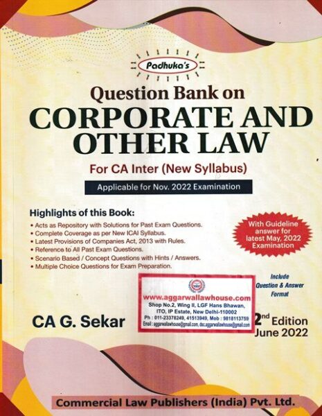 Commercial's Question Bank on Corporate and Other Law for CA Inter New Syllabus by G Sekar Applicable For Nov 2022 Exam.