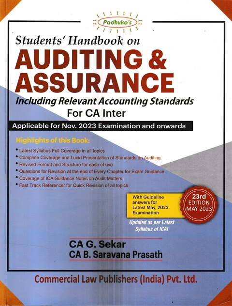 Commercial's Padhuka's Students Handbook on Auditing & Assurance Including Relevent Accounting Standards for CA Inter by G Sekar and B Saravana Prasath Applicable for Nov 2023 Onwards Exams