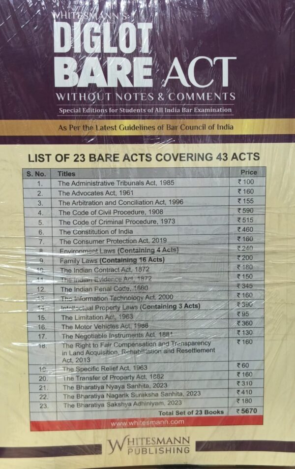 WhitemannAll India Bar Examination (Bare Acts without Short Notes) Set of 23 Books ( Diglot Edition ) Edition 2025