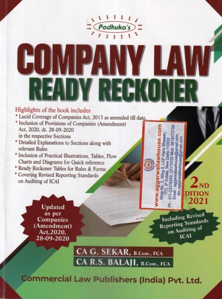 Padhuka's Company Law Ready Reckoner by CA G SEKAR & CA R.S BALAJI Edition 2021