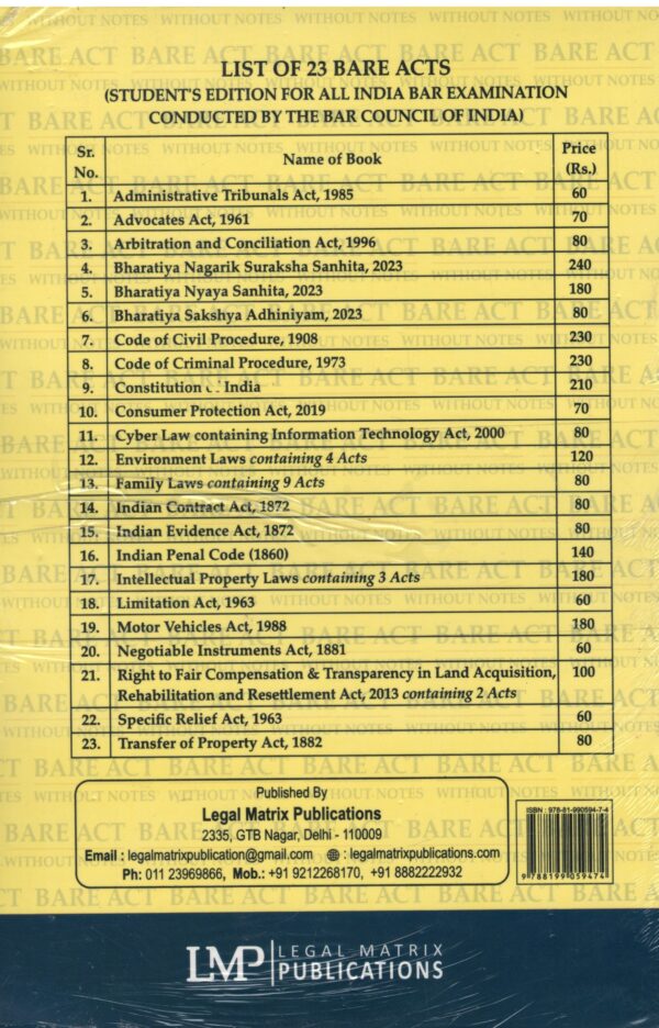 LMP Bare Act Without Notes All India Bar Exam set of 23 Edition 2026