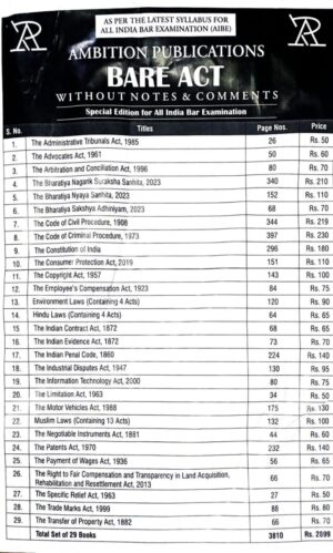 Ambition Pub.Bare Act Without Notes & Comments Special Editition For All India Bar  Exam Total Set Of 29 Book Edition 2026