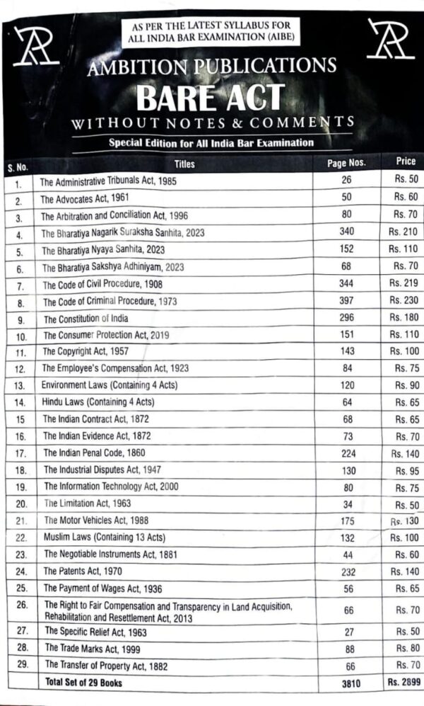 Ambition Pub.Bare Act Without Notes & Comments Special Editition For All India Bar  Exam Total Set Of 29 Book Edition 2026