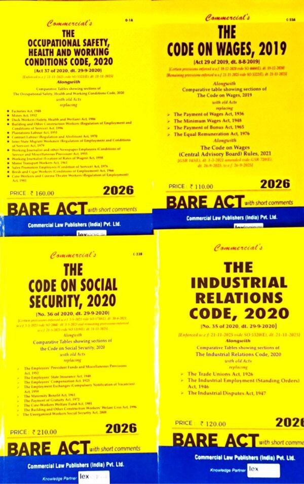 Commercial  Bare Act Set Of 4 books Code on Social Security 2020,Industrial Relations Code 2020,Code on Wages 2019 Occupational Safety Health and Conditions Code 2020 Edition 2026