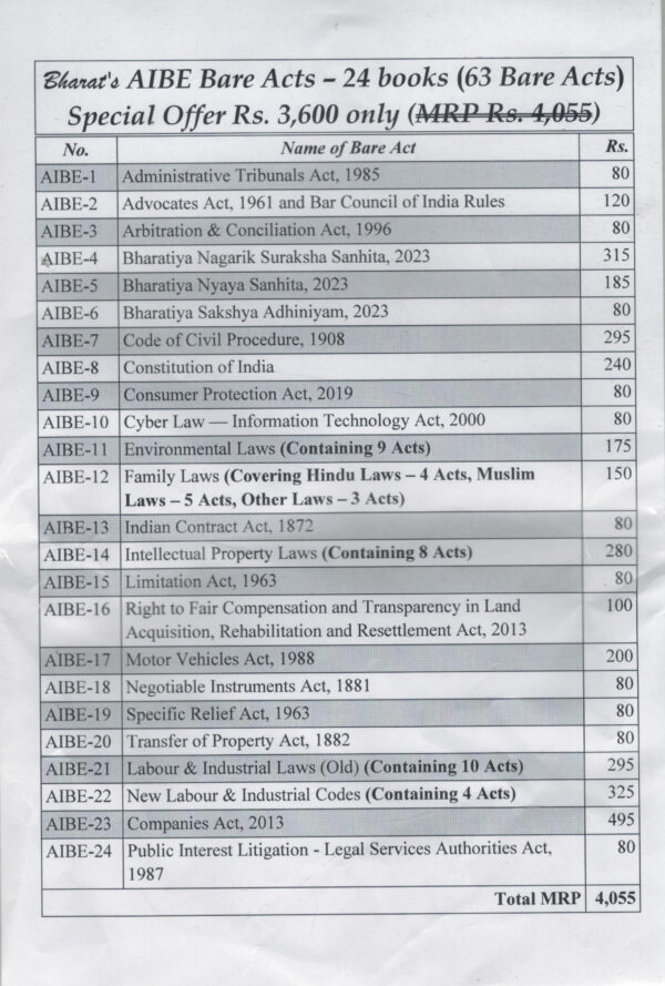 Bharat'S Combo Essential List of Bare Acts Without Notes All India Bar Examination (AIBE) Bare Acts Set of 24 books English Edition 2027