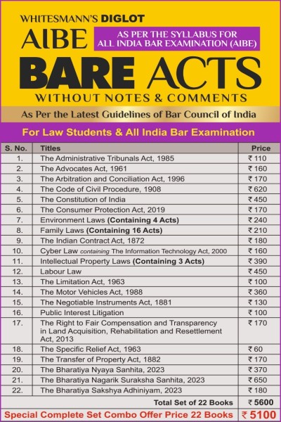 Whitemann Combo Essential List of Bare Acts Without Notes All India Bar Examination (AIBE) Diglot Set of 22 books Diglot Edition 2027